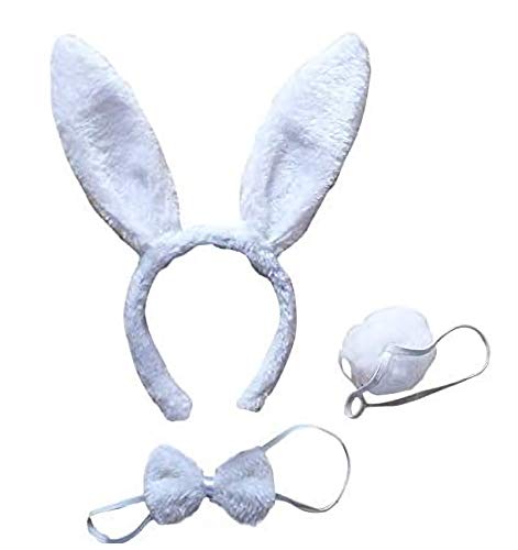 LHKJ Bunny Ohren Haarreif, Bunny Kostüm Frauen mit Ohren, Fliegen, Schwanz, Hasen Cosplay Hasenohren Haarreif, Kaninchen Cosplay Set für Kinder Erwachsene Karneval Party Weihnachten Weiß von LHKJ