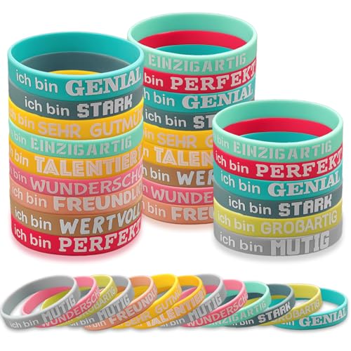 LHOEST 36 Stück Bunt Motivationsarmbänder Kinder, Deutsch Armband Kinder für Abschluss Geschenk Schüler, Silikonarmband mit Inspirierenden Sprüchen für Abschiedsgeschenk Mutmacher Kinder von LHOEST