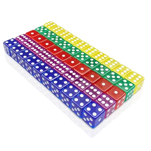 LHOEST 50 Stück Würfel Set, 16 mm Dice Würfel Bunt, Spielwürfel Aus Acryl, FlüsterwüRfel 6-Seitig, Farbwürfel für Würfelspiele Tischspiele, 5 Farben Bunte Würfel von LHOEST