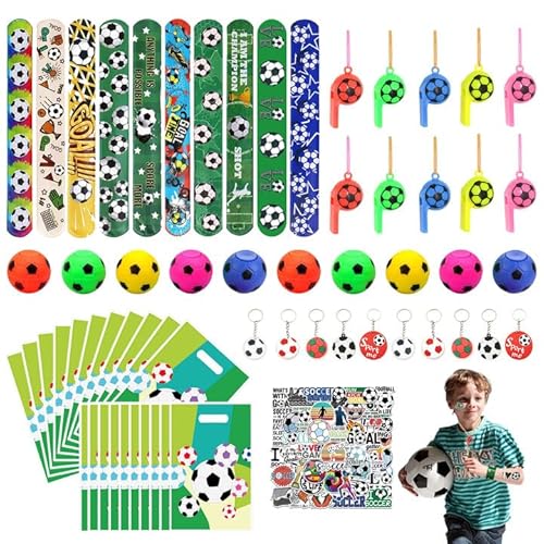 LHYQDM Fußball Party Gastgeschenke Set,100 Stücke Fußball Geburtstag Gadgets,Deko Geburtstag Kinder für 10 Personen,10 SchlüsselanhäNger,10 Sprengringe ,10 Geschenktüten ,50 Aufkleber,10 Pfeifen. von LHYQDM