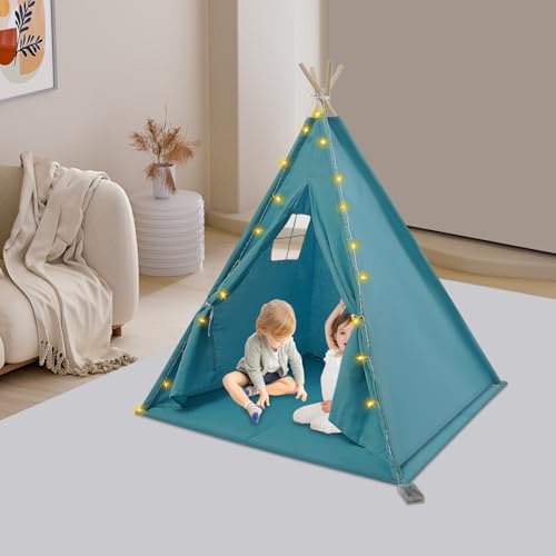 Kinder Tipi Zelt, 120X120X140CM Kinder-Zelt mit Lichterkette, Baumwolle Kinderzelt Indoor mit Matte, Faltbares Spielzelt Teepee Kinderzelte Kinderzimmer Kapazität 1-3 Kinder (Blau) von LIAIZE