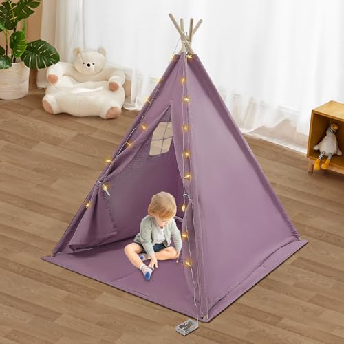 Kinder Tipi Zelt, 120X120X140CM Kinder-Zelt mit Lichterkette, Baumwolle Kinderzelt Indoor mit Matte, Faltbares Spielzelt Teepee Kinderzelte Kinderzimmer Kapazität 1-3 Kinder (Lila) (Purple) von LIAIZE