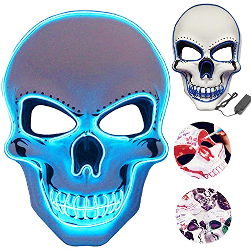 LIBRNTY LED Halloween Maske,Purge Masken LED Mask,LED Leuchtenden Schädel Maske,DIY-Schädelmalerei und 3 Beleuchtungsmodi,für Halloween Fasching Karneval Party Kostüm Cosplay Dekoration（blau） von LIBRNTY