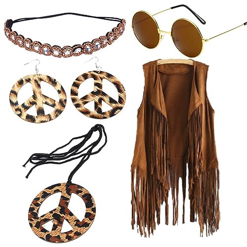 LICHENGTAI 6 Stück Hippie Kostüm Damen Kleidung 60er 70er Disco Fransen Weste Bekleidung Mädchen Outfit Frieden Zeichen Halskette Ohrringe Sonnenbrille Kostüm für Halloween Karneval Fasching Cosplay von LICHENGTAI