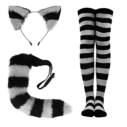 LICHENGTAI Katze Cosplay Set Faschingskostüm für Kinder Erwachsene, Katze ohren Cosplay Set Katze Ohren Stirnband Katze schwanz Strümpfe für Kinder Erwachsene Fasching Karneval Halloween Party von LICHENGTAI