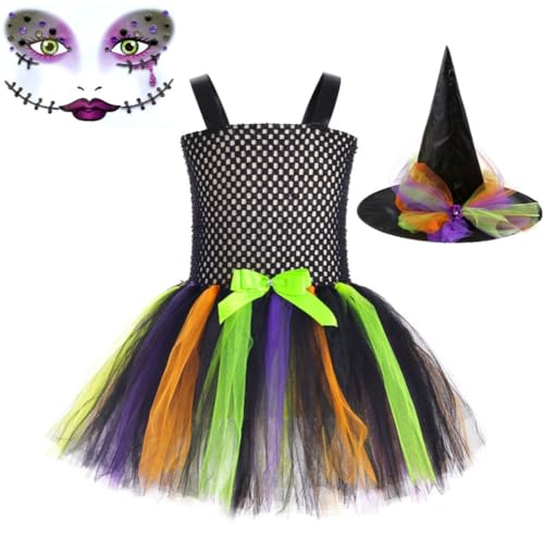 LICHENGTAI Kinder Hexekostüm, Mädchen Hexe Kostüm mit Hut Halloweenkleid mit verzierter Schleife Kleinkind Halloween Dress Up für Halloween Karneval Maskerade Rollenspiele von LICHENGTAI