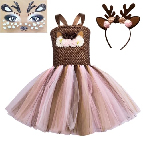 LICHENGTAI Mädchen Prinzessin Kleid, Prinzessinnenkleid aus Tüll mit Hirschmotiv Mädchenkleid Prinzessinnenkleid mit 3D-Blumendruck für Geburtstag Verkleidung Party Karneval Abendkleid von LICHENGTAI