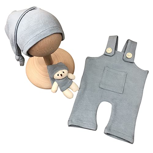 LICHENGTAI Neugeborenes Baby Fotografie Requisite Outfits mit Bär Puppe, Neugeborene Stricken Knopf Spielanzug Baby Photo Prop Outfits Kleidung Baby Overalls Baby Fotoshooting Kostüm 0-1 Monate von LICHENGTAI