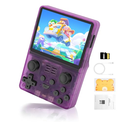 POWKDDY RGB20S Retro Handheld Spielkonsole, 3.5 Inch IPS Screen Open Source Linux System, Pocket Gamer, 128G, Transparent Violett von LIDOUYA