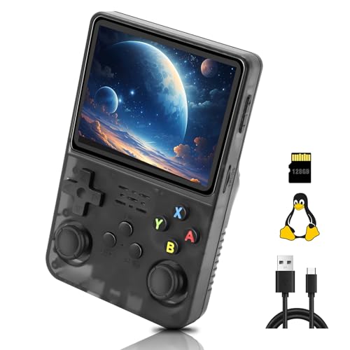 R36S Handheld, 3.5 Inch IPS Screen Linux System, Handheld Spielkonsole unterstützung WiFi online schlachten, mit 10000+ Klassische Spiele, 128G, Transparent Schwarz von LIDOUYA