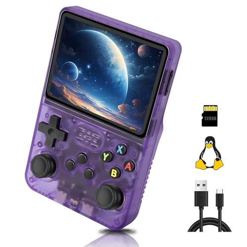 R36S Handheld, 3.5 Inch IPS Screen Linux System, Handheld Spielkonsole unterstützung WiFi online schlachten, mit 10000+ Klassische Spiele, 128G, Transparent Violett von LIDOUYA