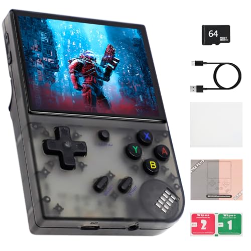 RG35XX Plus Retro Handheld Spielekonsole,3.5 Inch IPS Screen Linux System,Unterstützt 2.4G Wireless Gamepad und HDTV-Ausgang, Emulator Handheld, mit 5500+ Klassische Spiele, 64G, Transparent Schwarz von LIDOUYA