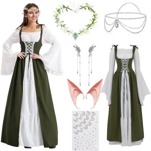 LIEOLGOH Damen Mittelalter Renaissance Kleid, Gothic Retro Kleidung Trompetenärmel mit Elfenohren Haarschmuck Ohrclips Socken für Fasching Halloween (L-XL) von LIEOLGOH