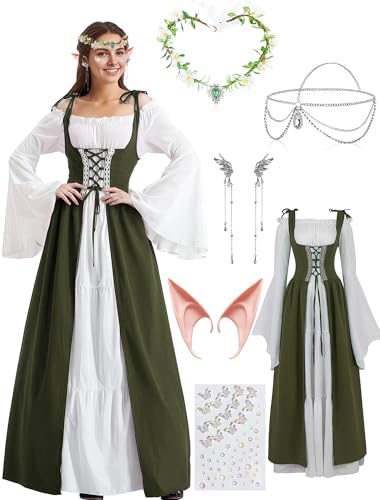 LIEOLGOH Damen Mittelalter Renaissance Kleid, Gothic Retro Kleidung Trompetenärmel mit Elfenohren Haarschmuck Ohrclips Socken für Fasching Halloween (S-M) von LIEOLGOH