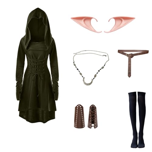 LIEOLGOH Damen Mittelalterliches Kapuzenkleid Set, Renaissance Kleid, Gothic Elfen Damen, Halloween Kostüm mit Armschützern Gürtel Elfenohren Haarschmuck Strümpfe Zubehör (S) von LIEOLGOH