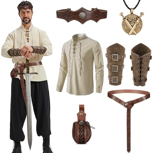 LIEOLGOH Mittelalter Hemd Viking Kostüm Herren Set, Renaissance Viktorian wikinger kostüm mit Herren Mittelalterliches Piratenhemd,Gürtel,Handgelenkschützer,Seitentasche,Kopfschmuck,Halsketten (L) von LIEOLGOH