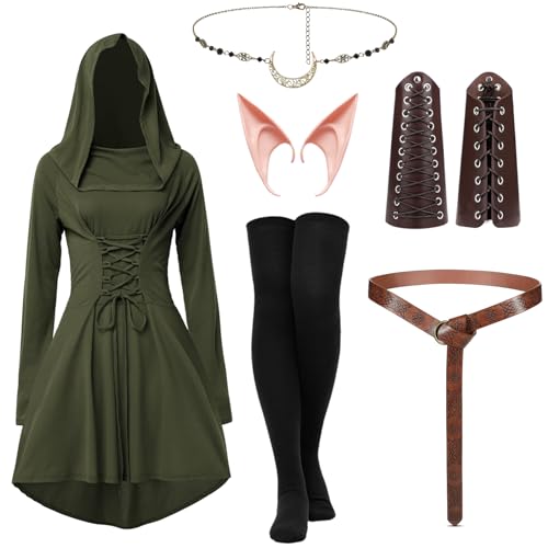 LIEOLGOH Mittelalter Kleidung Damen, Renaissance Kostüm Kleid mit Kapuze, Gothic Elfen Damen, Halloween Kostüm mit Armschützern Gürtel Elfenohren Haarschmuck Strümpfe Zubehör (L) von LIEOLGOH