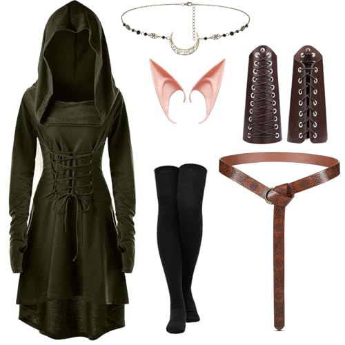 LIEOLGOH Mittelalter Kleidung Damen, Renaissance Kostüm Kleid mit Kapuze, Gothic Elfen Damen, Halloween Kostüm mit Armschützern Gürtel Elfenohren Haarschmuck Strümpfe Zubehör (L) von LIEOLGOH