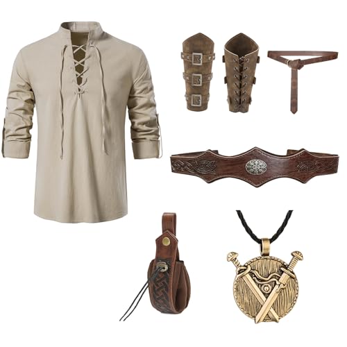 LIEOLGOH Mittelalter Hemd Viking Kostüm Herren Set, Renaissance Viktorian wikinger kostüm mit Herren Mittelalterliches Piratenhemd,Gürtel,Handgelenkschützer,Seitentasche,Kopfschmuck,Halsketten (M) von LIEOLGOH