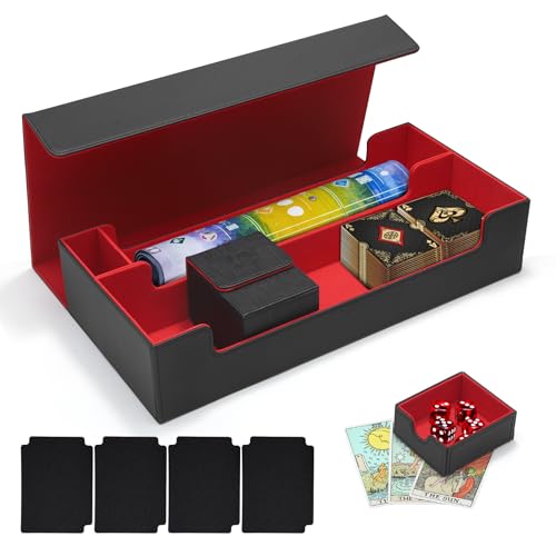 LIFEDYLUK Card Deck Case Magnetic für 600+ Magic The Gathering Karten, Deck Box Kompatibel mit TCG YGO PTCG Karten, Sammelkarten-Aufbewahrungsboxen mit 4 Kartentrenner und Würfel Fach(Schwarzrot) von LIFEDYLUK