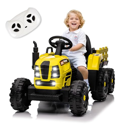 Realistisches landwirtschaftliches Kinder Elektroauto, Kinderfahrzeug mit Fernbedienung, LED-Lichtern und Musik, Ideal für 37-72 Monate, Gelb von LIFEISLE