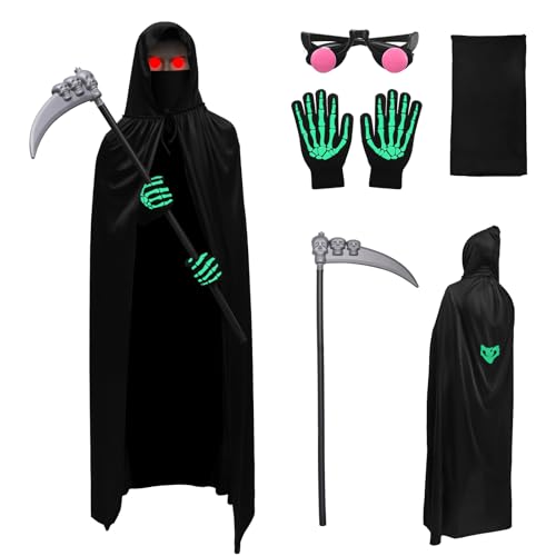 LIFEJXWEN 5Pcs Halloween Umhang Set mit Kapuze, Halloween Sensenmann Kostüm, 140cm Schwarzer Umhang mit Kapuze Cape, mit Sense, Maske, Handschuhe und leuchtende Gläser von LIFEJXWEN