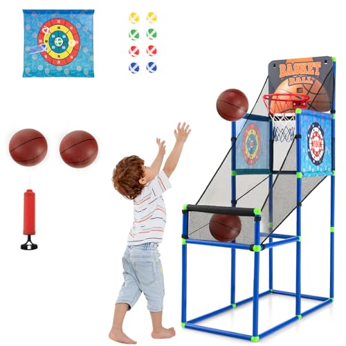 LIFEZEAL 2 in 1 Arcade Basketball Spielset, Kinder Schießmaschine mit klebrigen Stoffzielen, Mini Basketballkorb mit Bewertungsfunktion & Soundeffekt, Basketball-Arcade-Automat für 1 Spieler von LIFEZEAL