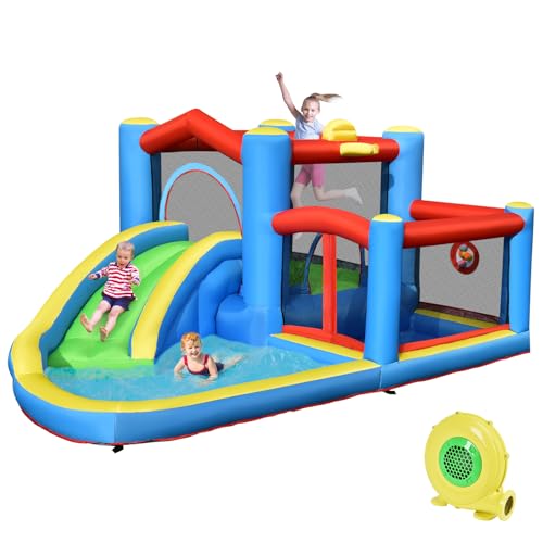 LIFEZEAL Aufblasbares Schloss für Kinder mit Rutsche, Sprungbereich, Spielplatz mit Sicherheitsnetz, Zielbälle, Basketballkorb, Belastung 90 kg, 310 x 410 x 191 cm, innen außen (mit Gebläse) von LIFEZEAL