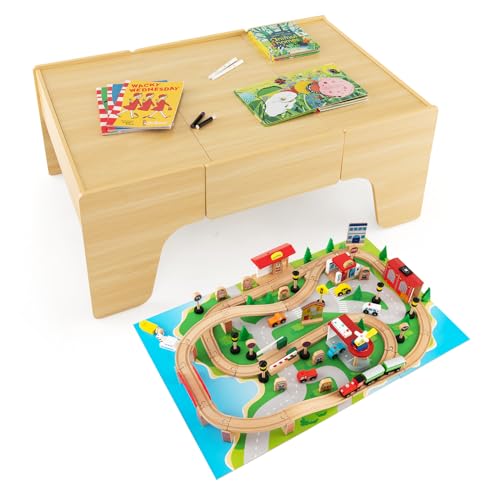 LIFEZEAL Spieltisch mit Holzeisenbahn, 84-teiliges Spielzeug-Set mit Schienen, Eisenbahnstrecke mit Autos, Hubschrauber & Flugzeug, Spielzeug Kindertisch mit Schublade und abnehmbarer Platte von LIFEZEAL