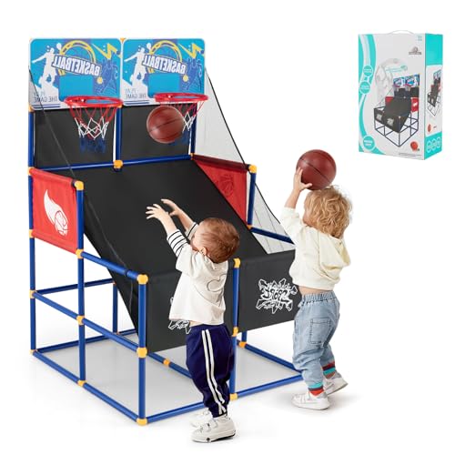 LIFEZEAL Basketball Arcade Spiel, Kinder Arcade Basketballkorb mit Ständer, Basketballspiel für 2 Spieler mit 2 Körben, 4 Bällen & Pumpe, Basketball Hoop für Jungen Mädchen von LIFEZEAL