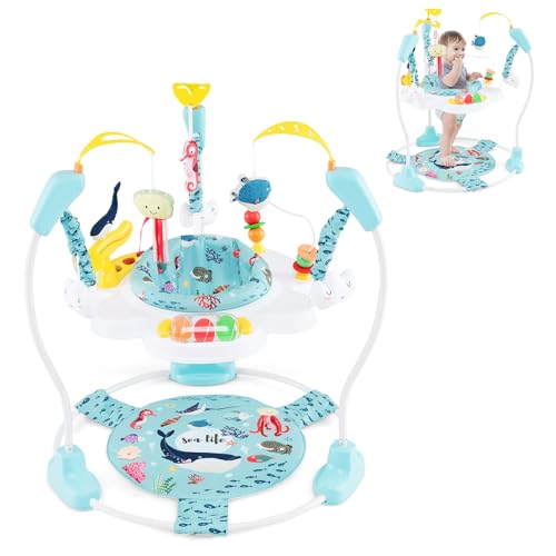 LIFEZEAL Lauflernwagen, Jumperoo Baby mit 360° drehenderm Sitz, Höhenverstellbare Lauflernhilfe mit 9 Spielzeuge, Spielcenter jungle mit Lichtern & Melodien, für Babys und Kleinkinder (Hellblau) von LIFEZEAL