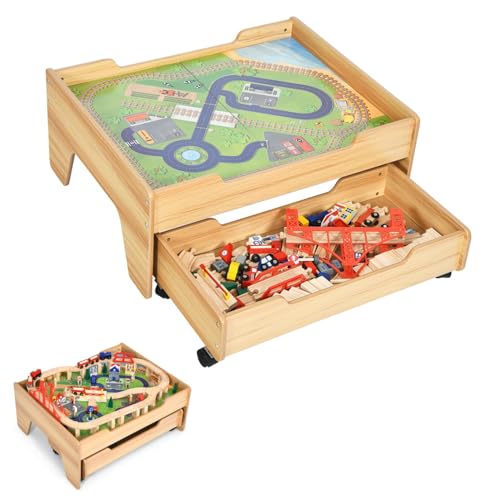 LIFEZEAL Spieltisch mit Holzeisenbahn, 100-teiliges Kinderspielzeug Set Holz mit mobiler Aufbewahrungsschublade, Multifunktionstisch für Kinder 3+ Jahre zum Spielen, Basteln, Bauen von LIFEZEAL