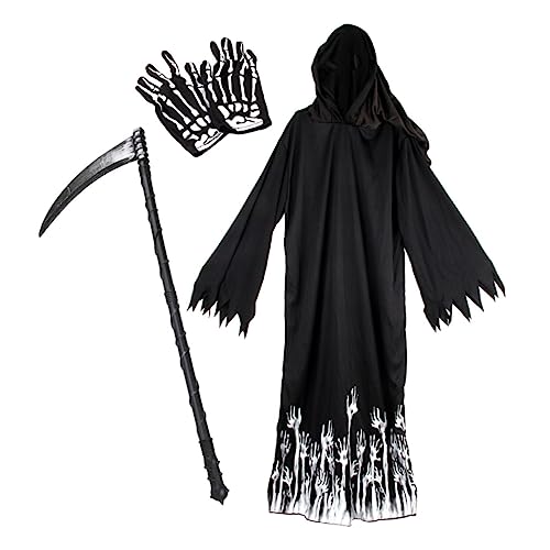 1 Satz Halloween-Anzug Sensenmann Geistermantel Cosplay-umhang Kostüme Für Kinder Gotischer Kapuzenmantel Zombie-kostümzubehör Skelett-Handschuhe Halloween-umhang Black Plastik LIFKOME von LIFKOME