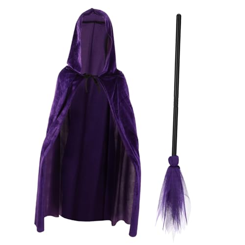 LIFKOME 1 Satz Besen + goldener Samtumhang im Set halloween costume halloween kleidung halloween outfit Zubehör Mantel Halloween-Kostüm halloween dekorativer besen Plastik Violett von LIFKOME