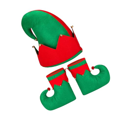 LIFKOME 3st Weihnachtselfschuhe Und -hüte Elfenanzug Weihnachtsparty-kostüm Elfen-outfit Hut Elfenkostüm Elfenschuhe Elfenstiefel Weihnachtselfenkostüm Weihnachtsmannkostüm Stoff Rot von LIFKOME