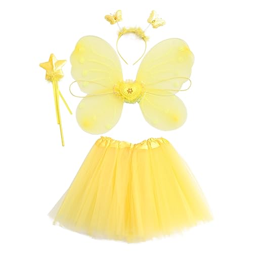 LIFKOME 4 Teiliges Set Mit Schmetterlingsflügeln Rüschenshirt Und Tüllrock Für ädchen Kostü Für Karneval Fasching Und Partys Gelbes Fairy Dress Up Zubehör von LIFKOME