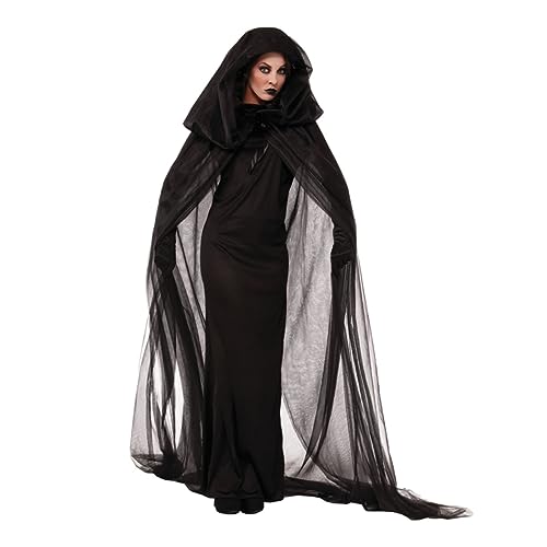 LIFKOME Frauen Halloween Hexenkostü Schwarzes Netz Kleid Für Cosplay Größe XXL Damen Kostü Für Karneval Und Halloween Gothic Stil Zauberin Outfit Für Erwachsene von LIFKOME