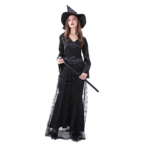 LIFKOME Halloween Damen Kostü Set Schwarzes Spinnenweb Kleid Für Hexen Mit Hut Cosplay Outfit Für Karneval Und Maskenball Größe L Empfohlen Für Körpergröße 163 von LIFKOME