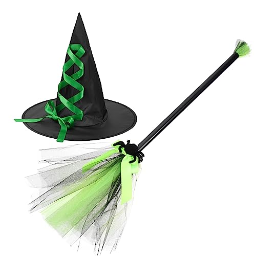 LIFKOME Halloween-Hexenhut Und Besen-Set Schwarzer Hexenhut mit Spitze Fliegender Besen Zaubererkostümzubehör für Kinder Und Erwachsene Grün von LIFKOME