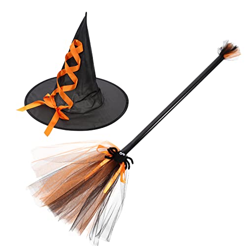 LIFKOME Halloween-Hexenhut Und Besen-Set Schwarzer Hexenhut mit Spitze Fliegender Besen Zaubererkostümzubehör für Kinder Und Erwachsene Orange von LIFKOME