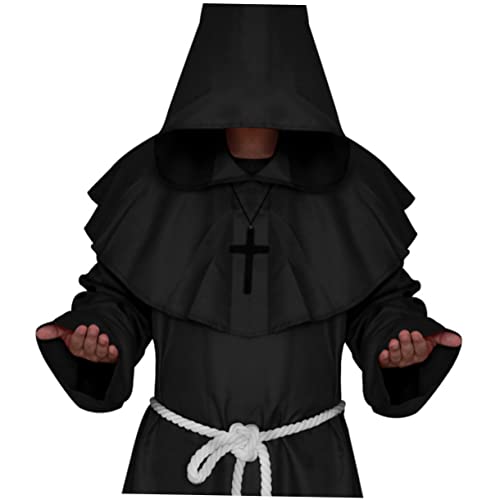 LIFKOME Mittelalterliche Priester Mönchsrobe Mit Kapuze Schwarzes Halloween Kostüm Für Männer Ideal Für Cosplay Mottopartys Karneval Und Renaissance Events Größe M von LIFKOME