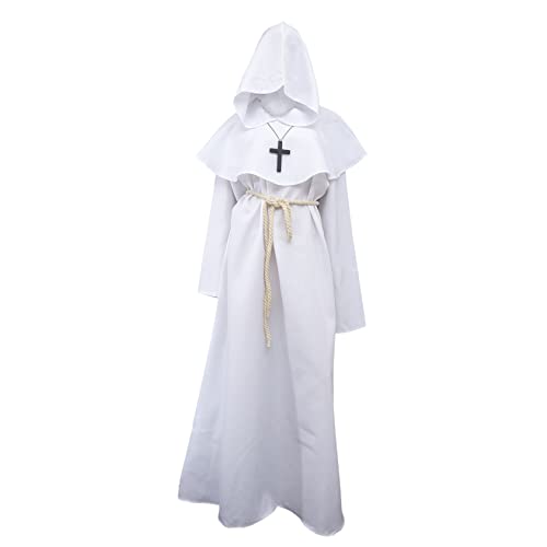 LIFKOME Priesterkleidung Mönchsgewand Mantel Zauberer Umhang Krone one Piece Kleidung one Piece Klamotten Festliche Bekleidung Medieval Halloween-Gewand Mönch Umhang Polyester Weiß von LIFKOME