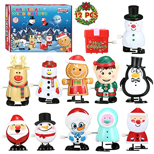 LIHAO 12 Stück Aufziehspielzeug Weihnachten Kinder Uhrwerk Spielzeug Set Weihnachtsmann Schneemann Pinguin Rentier Weihnachts Geschenk mit Geschenkbox für Jungen Mädchen von LIHAO