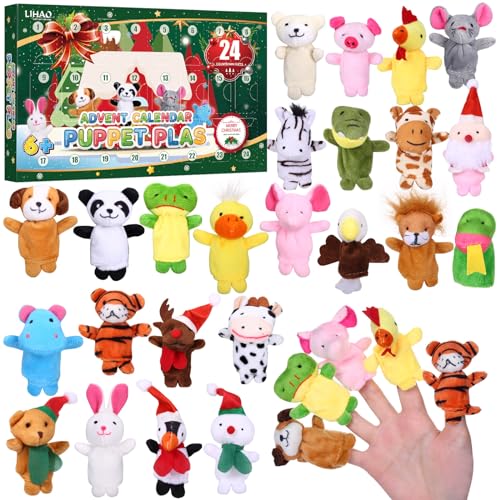 LIHAO Adventskalender 2024 Kinder mit 24 Tier Fingerpuppen Weihnachtskalender Fingerspiele Weihnachten Geschenken für Kinder Baby Mädchen JungenF von LIHAO