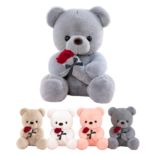 LIHIQIYA Grau Teddybär mit Rosen, 35CM Plüschtier mit Rose, Plüsch-Bär Teddybären Rose Stofftier Spielzeug Dekozimmer Kissen, Süße Kuscheltiere Bär Kleines Geschenke für Freundin, Mädchen, Frauen von LIHIQIYA