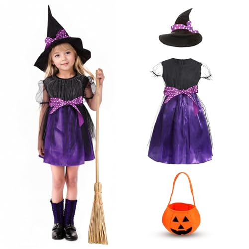 LIHIQIYA Halloween Hexenkostüm Kinder Mädchen, Hexen Kostüm Kinder mit Hexenhut und Kürbis Sammeltasche, Witch Costume Kids, Halloweenkostüme für Kinder, Maskerade Rollenspiele, Halloween Cosplay, L4 von LIHIQIYA