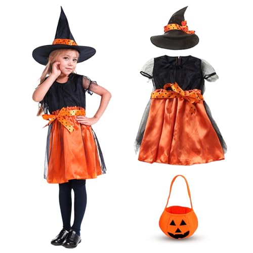 LIHIQIYA Halloween Hexenkostüm Mädchen, Hexen Kostüm Kinder mit Hexenhut und Kürbis Sammeltasche, Hexenkostüm Mädchen, Kostüm Hexe Kinder Halloweenkostüme, Maskerade Rollenspiele, Halloween Cosplay von LIHIQIYA