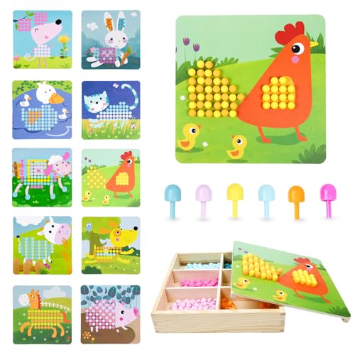 LIHIQIYA Mosaik Steckspiel für Kinder, Spielzeug ab 2 3 4 5 Jahre Holz Mosaik Bastelset Kinder, Mosaik Pegboard Gabelungen mit Karten,Montessori Adventskalender Geschenke Weihnachts für Mädchen Jungen von LIHIQIYA