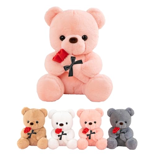 LIHIQIYA Rosa Teddybär mit Rosen, 25cm Plüschtier mit Rose, Plüsch-Bär Teddybären Rose Stofftier Spielzeug Dekozimmer Kissen, Süße Kuscheltiere Bär Kleines Geschenke für Freundin, Mädchen, Frauen von LIHIQIYA