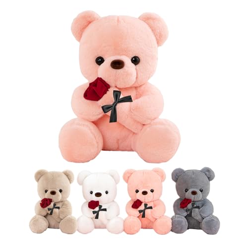 LIHIQIYA Rosa Teddybär mit Rosen, 35CM Plüschtier mit Rose, Plüsch-Bär Teddybären Rose Stofftier Spielzeug Dekozimmer Kissen, Süße Kuscheltiere Bär Kleines Geschenke für Freundin, Mädchen, Frauen von LIHIQIYA